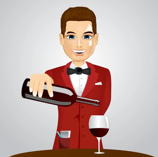 Handsome waiter pouring wine into glass — Stock Vector