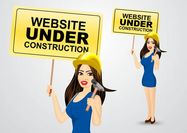 Woman and website under construction message — Stock Vector