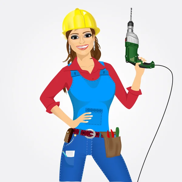 Mujer trabajadora con taladro — Vector de stock