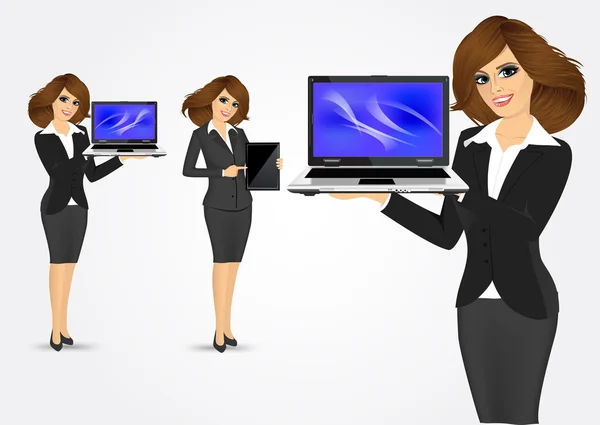 Businesswoman holding laptop and tablet — 图库矢量图片