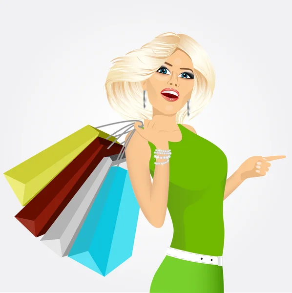 Mujer joven con bolsas de compras — Vector de stock