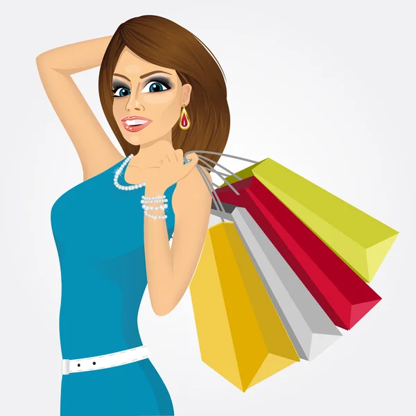 Sonriente joven con bolsas de compras — Vector de stock