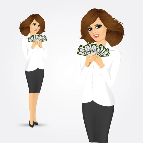 Donna d'affari in possesso di un fan del denaro — Vettoriale Stock