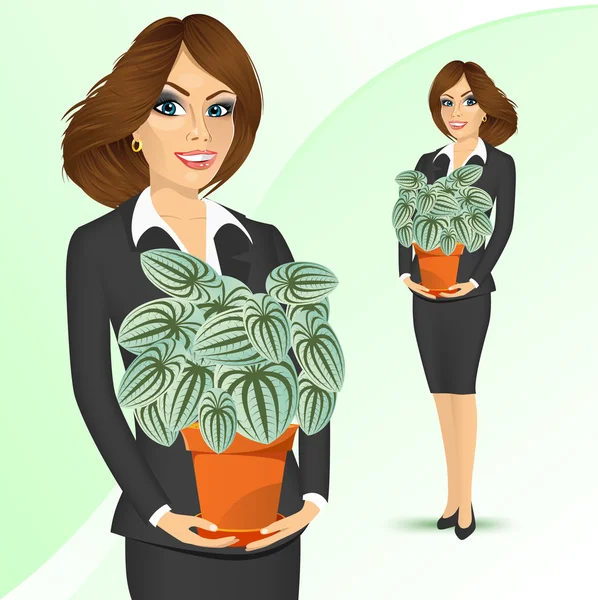 Femme d'affaires tenant peperomia marmorata plante — Image vectorielle