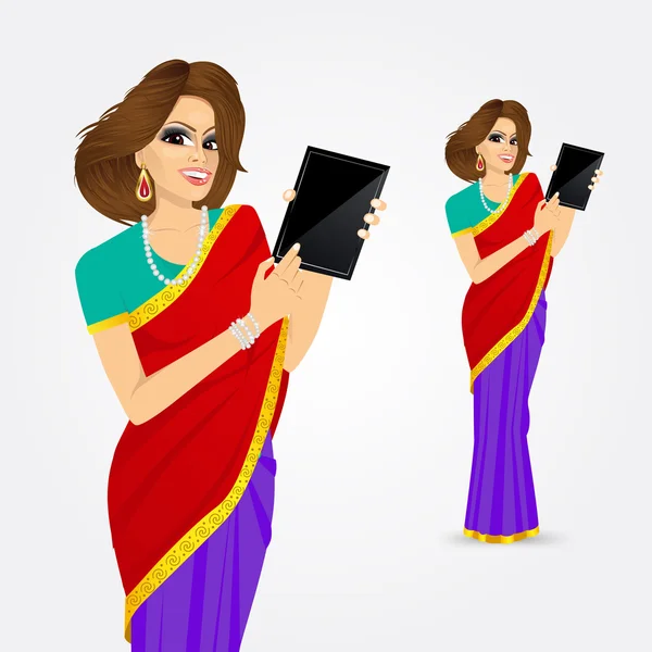 Mulher mostrando tela tablet — Vetor de Stock