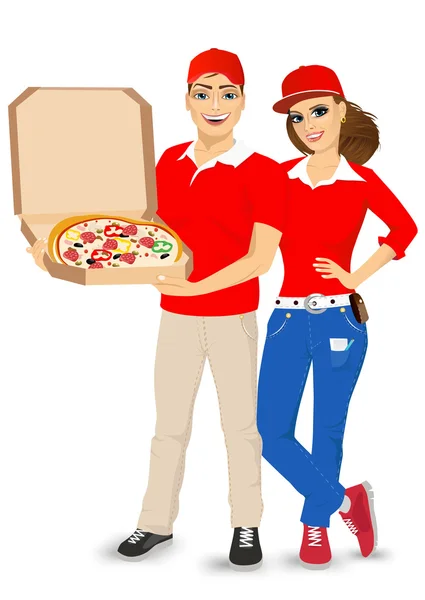 Entrega de pizza cara e menina em uniforme vermelho —  Vetores de Stock