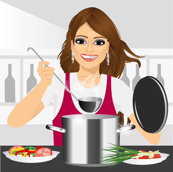 Smiling young woman cooking in kitchen — Stock Vector