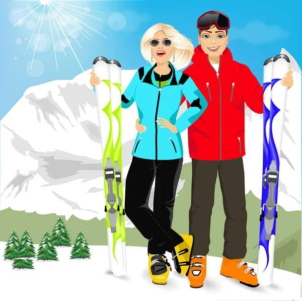Pareja feliz esquiadores de pie en el borde de los picos de montaña — Vector de stock