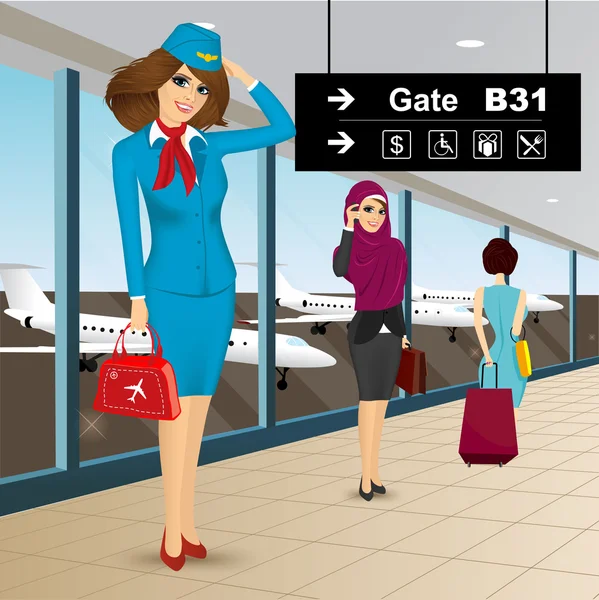Belle hôtesse de l'air dans un aéroport — Image vectorielle