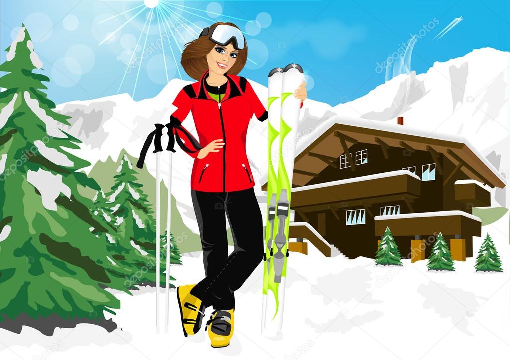 pretty woman skier in mountain resort
