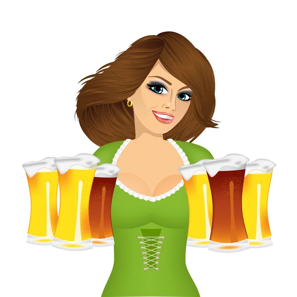 Woman with six froth beer mugs — Stock Vector