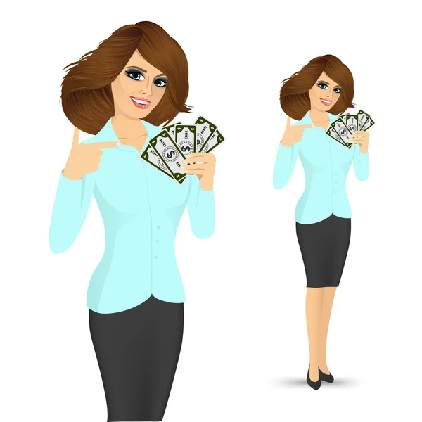 Bank representative holding a fan of money — Stock Vector