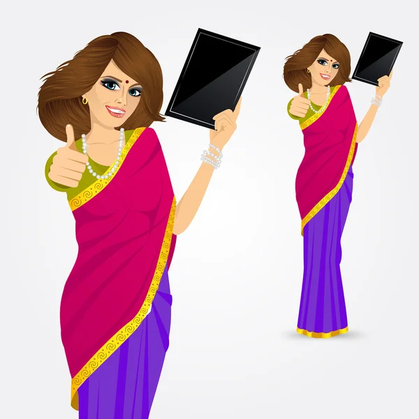 India mujer mostrando pantalla de tableta — Vector de stock