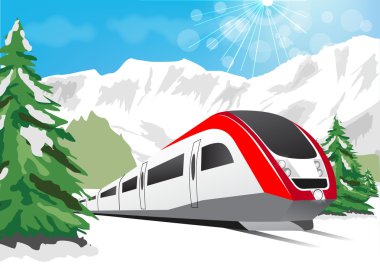 karlı dağlar arka plan üzerinde sürüş yüksek hızlı tren
