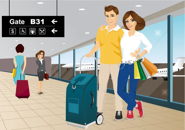 Happy couple standing at the airport — Stock Vector