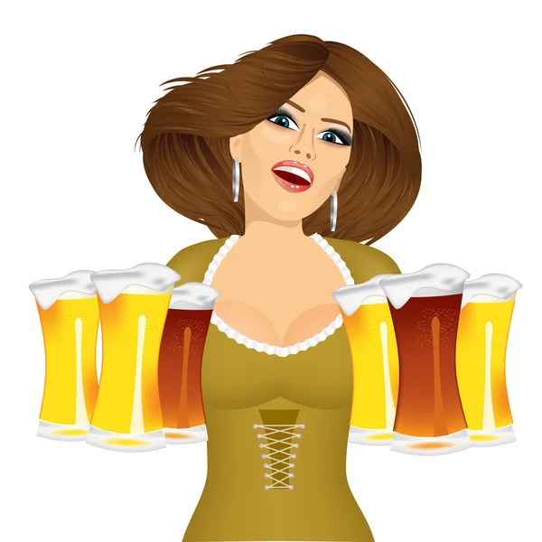 Kobieta z sześciu piany piwa kubki — Wektor stockowy