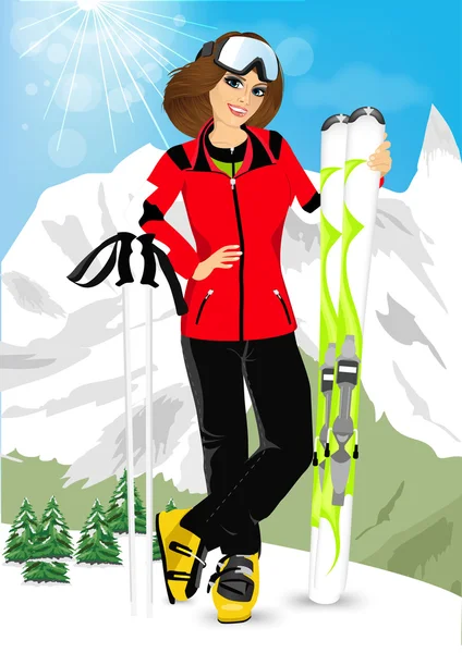 Pretty woman standing with mountain skis — Stock Vector