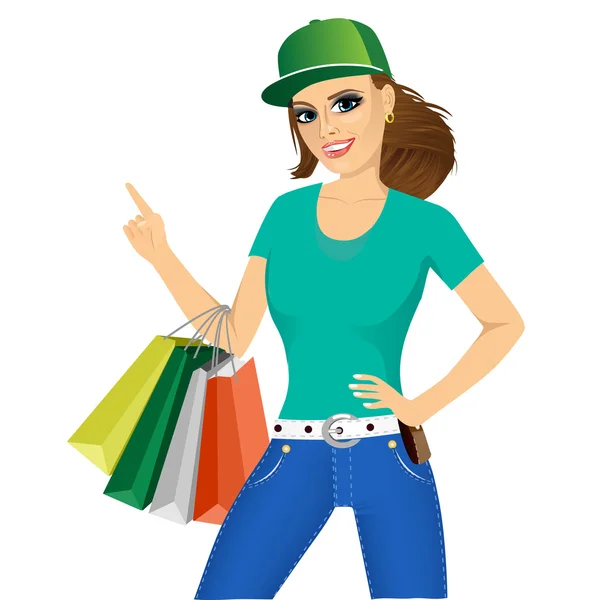 Mujer sosteniendo bolsas de compras — Vector de stock