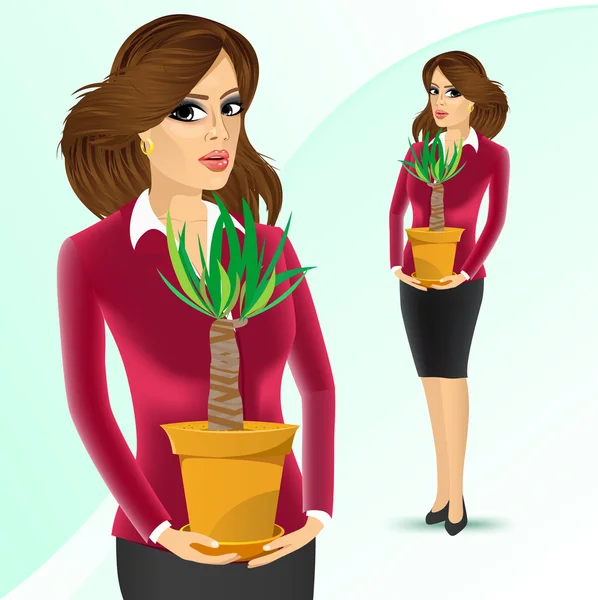 Mujer de negocios sosteniendo planta de yuca — Vector de stock