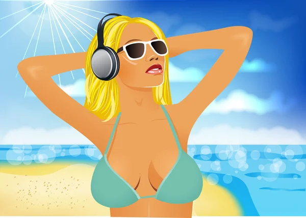 Mujer escuchando la música en la playa — Archivo Imágenes Vectoriales