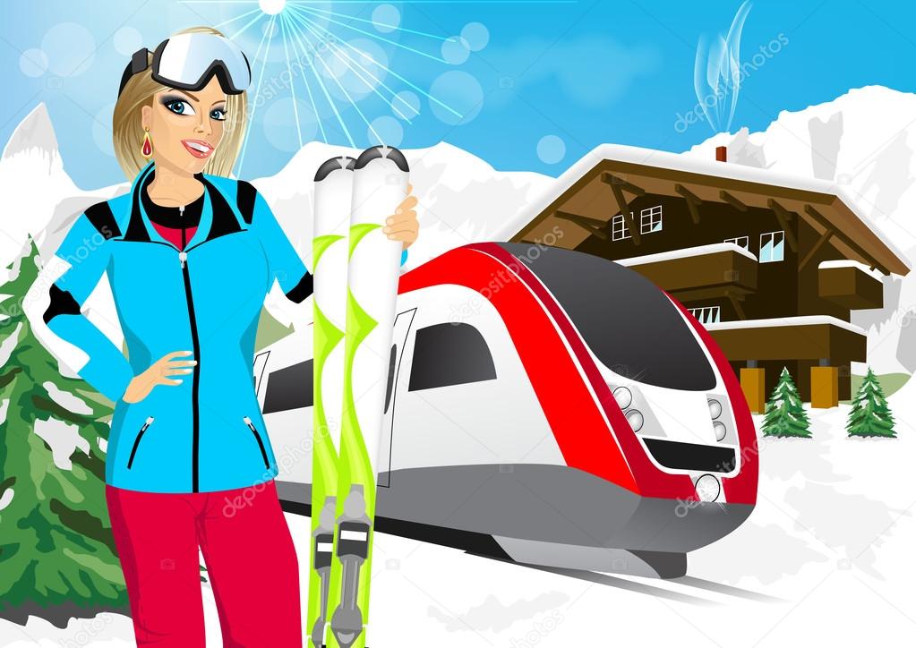 pretty woman skier enjoy her winter vacation in mountain resort