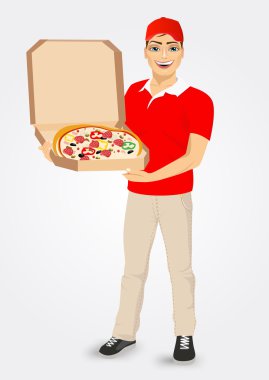 Pizza teslim kurye kırmızı üniformalı