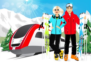 mutlu çift kayakçı mountain Resort