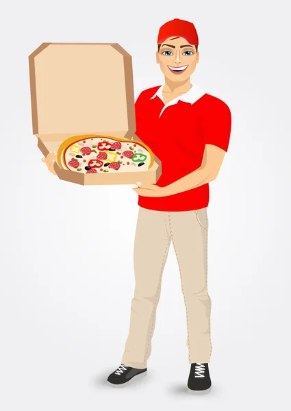 Doručení kurýrem pizzu v červených uniformách — Stockový vektor