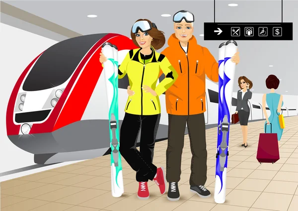 Ein glückliches Paar Skifahrer steht am Bahnhof — Stockvektor