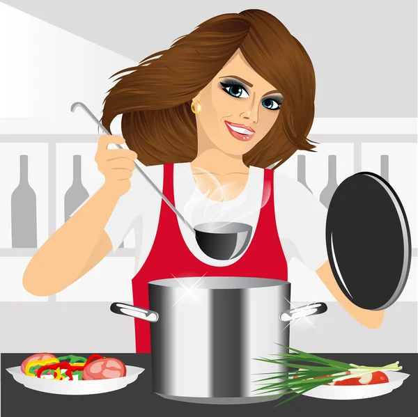 Smiling young woman cooking in kitchen — Stock Vector