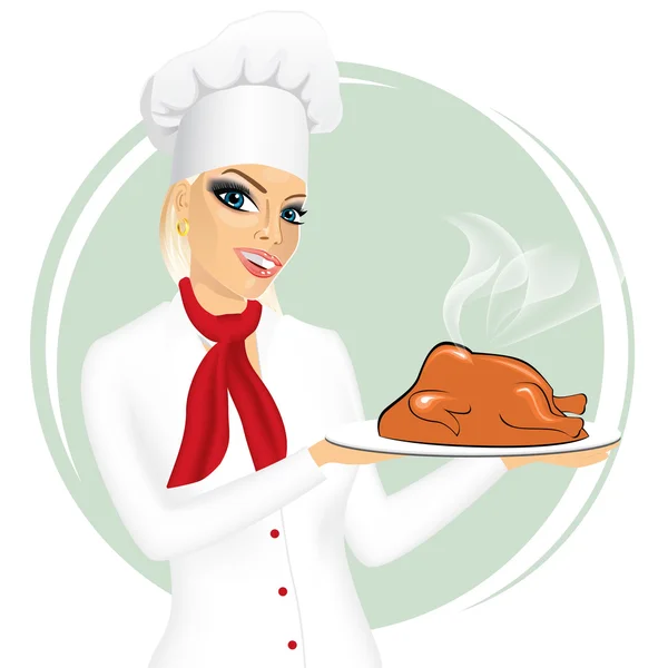 Smiling female chef with christmas roasted turkey — Stock Vector