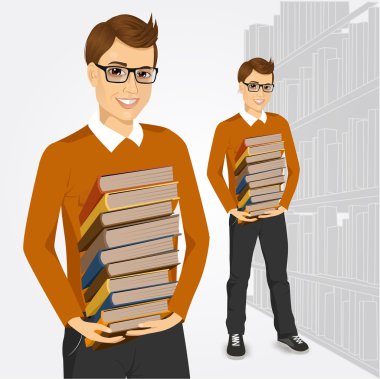kitap yığını tutan genç bir öğrenci