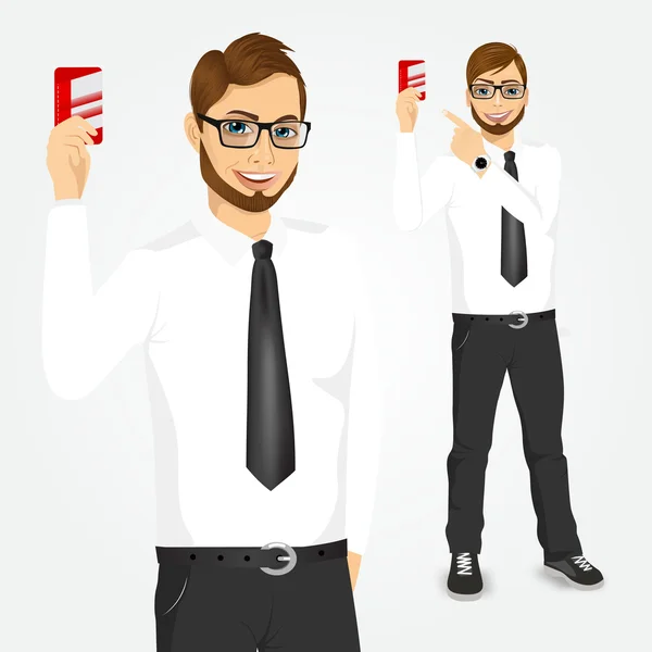 Moderno hombre de negocios hipster con tarjeta de crédito — Vector de stock