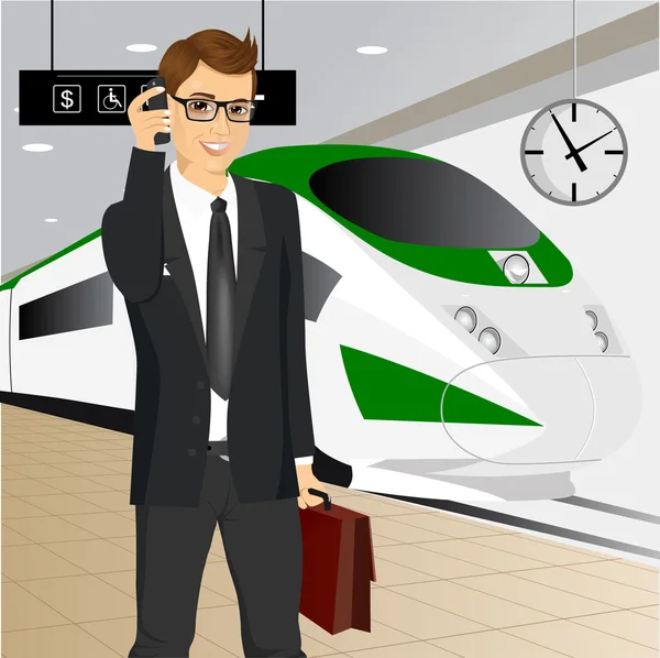 Молодой бизнесмен в ожидании поезда — стоковый вектор