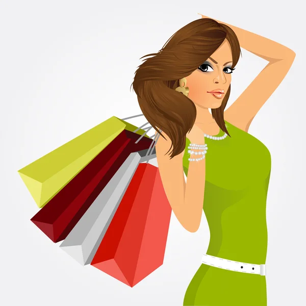 Mujer joven con bolsas de compras — Vector de stock