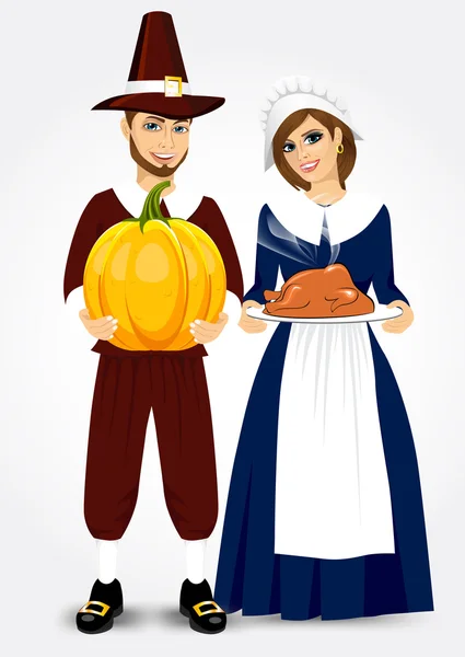 Pareja de peregrinos sosteniendo un pavo asado y calabaza — Vector de stock