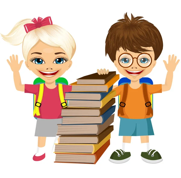 Porträtt av söta skolpojke och schoolgirlbooks — Stock vektor