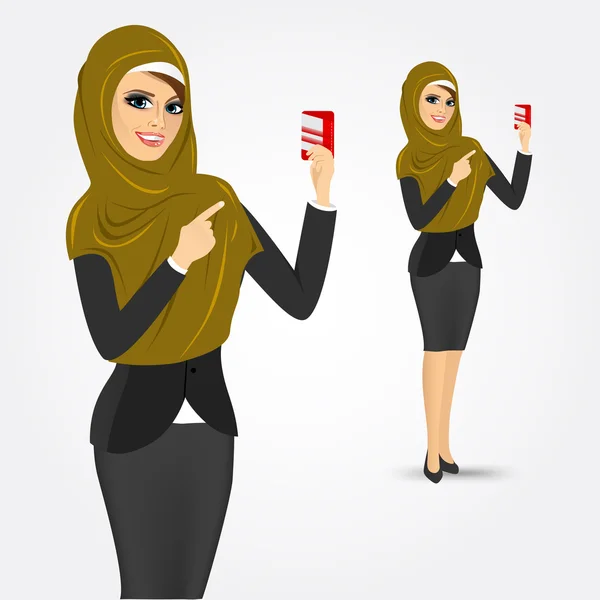 Donna araba moderna in possesso di una carta di credito — Vettoriale Stock