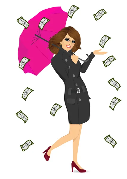Brunetka dama trzyma duży parasol fioletowy — Wektor stockowy