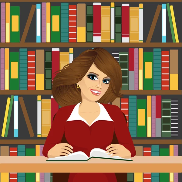 Vriendelijke student meisje studeren in bibliotheek — Stockvector