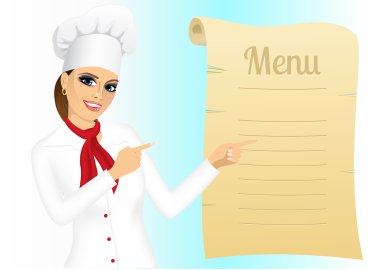 menüye işaret mutlu kadın Şef