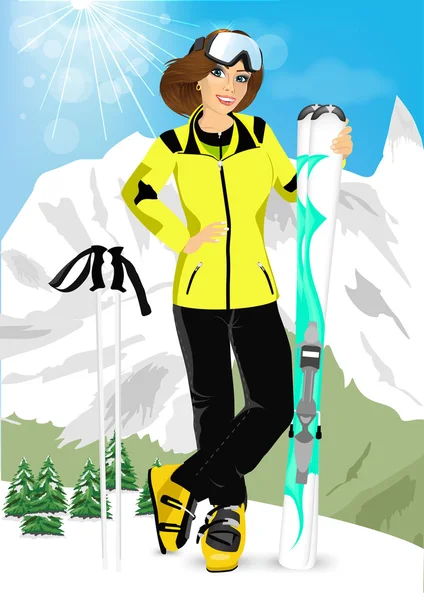 Jolie femme debout avec des skis de montagne — Image vectorielle