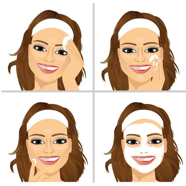 Frau zeigt vier Schritte zur Gesichtsreinigung — Stockvektor