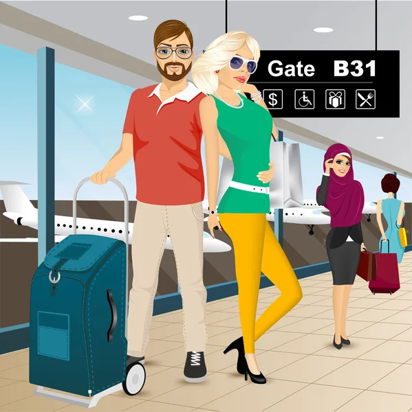 Szczęśliwa para stojący na lotnisku — Wektor stockowy