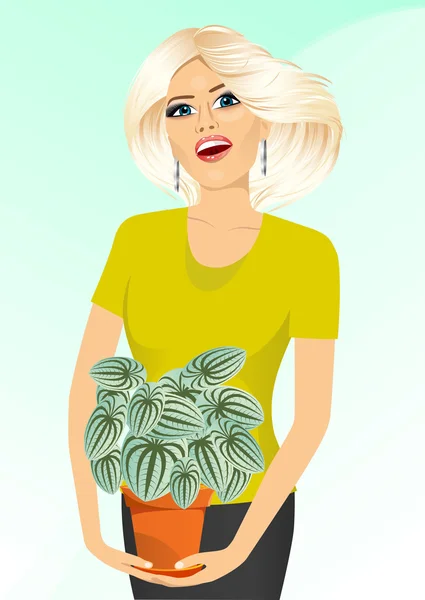 Femme souriante tenant peperomia marmorata — Image vectorielle