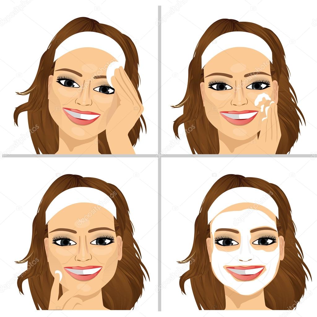 woman showing four steps for cleaning face