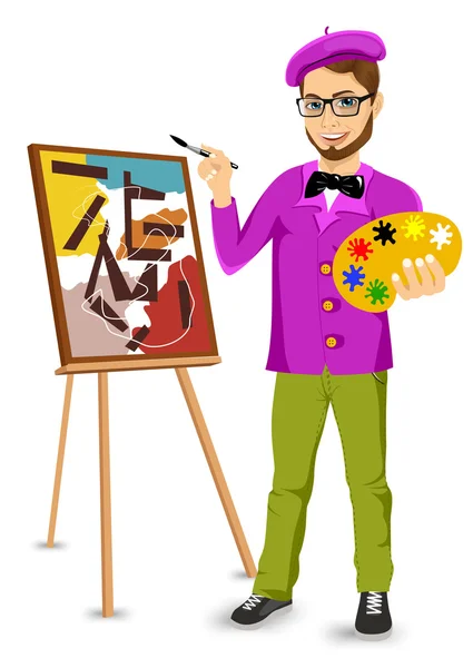 Artista pintor masculino feliz con gafas — Vector de stock