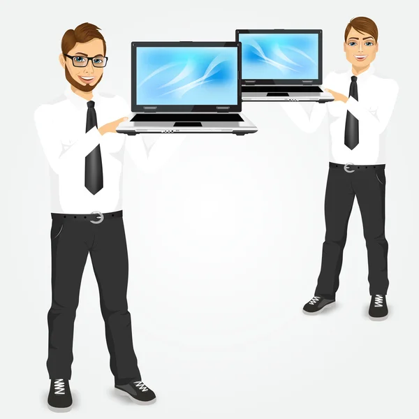 Young successful career man holding laptop — Stockvector