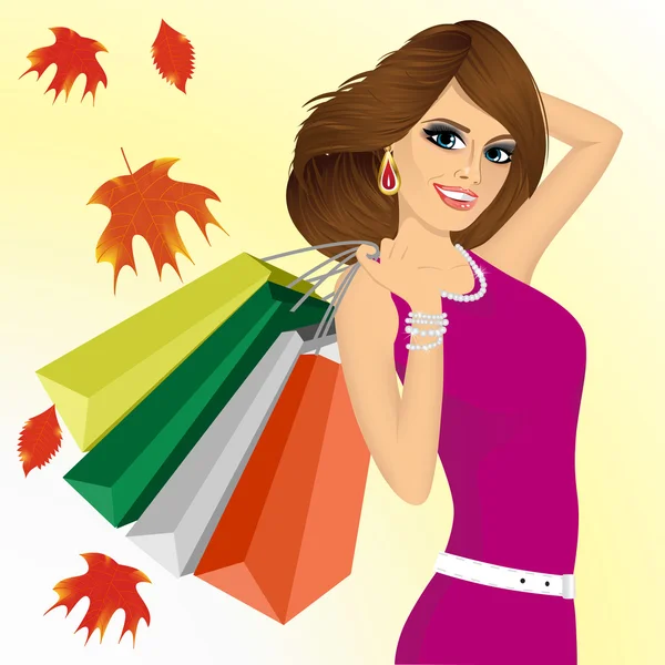 Lachende jonge vrouw met shopping tassen — Stockvector