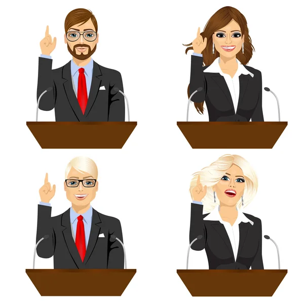 Four different politicians speaking on microphone — Stock Vector